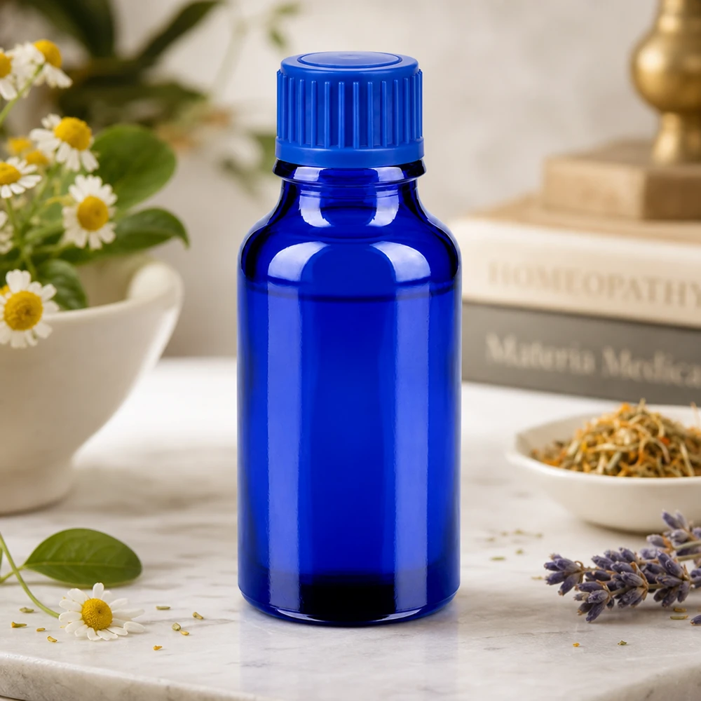Handliche 20ml Tropfflasche aus blauem Glas mit praktischem Standardgewinde 11mm