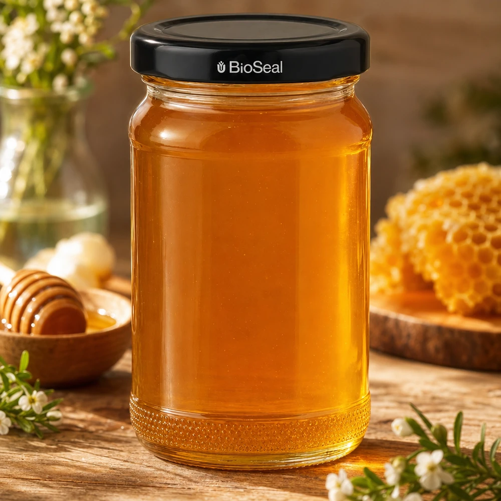 Kulatá sklenice 110 ml + víčko BioSeal černé UNiTWIST. UNiTWIST Runda110 Honigglas gefüllt mit Honig und schwarzem TO48 BioSeal Deckel auf Holztisch mit Waben