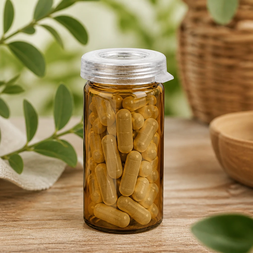 Kompaktes Pillenglas 5ml Braunglas mit kindersicherem Schnappdeckel und goldfarbenen Kapseln