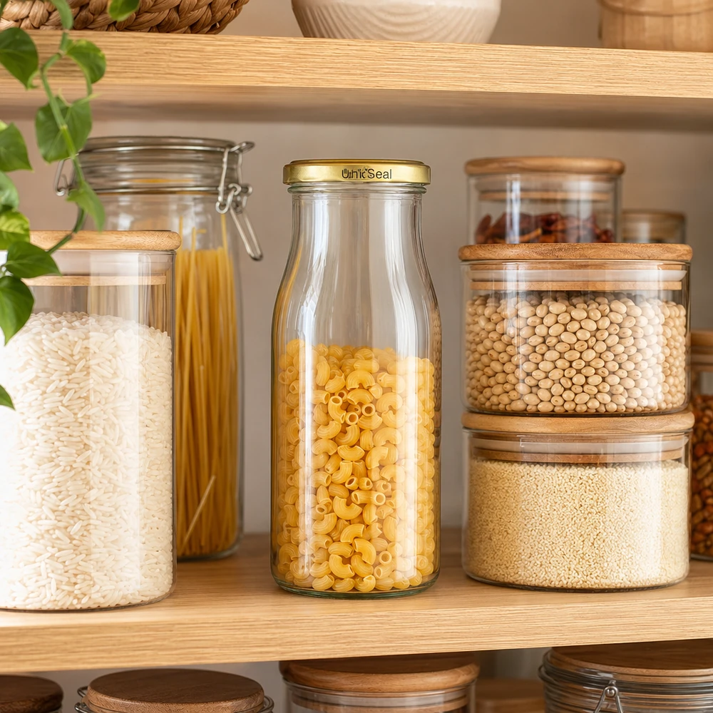 Láhev 150 ml se zlatým víčkem UNiTWIST BioSeal. UNiTWIST Glasflasche 150ml goldener BioSeal Deckel mit Nudeln befüllt zwischen Vorratsgläsern Pantry Organisation