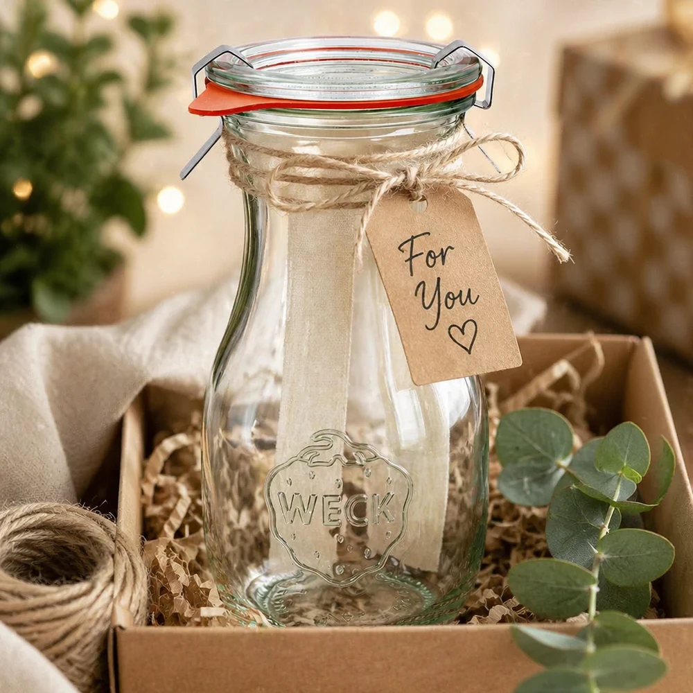 290ml láhev na džus kompletní WECK RR60 WECK Saftflasche 290ml RR60 als Geschenk dekoriert mit Schleife und Anhänger in rustikaler Geschenkbox