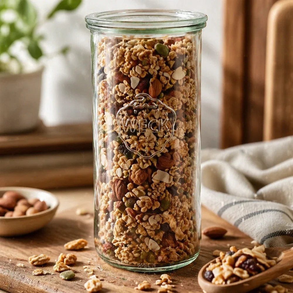 1500ml tumble jar se skleněným víčkem WECK RR100 WECK Sturzglas 1500ml RR100 gefüllt mit Nüssen Müsli und Trockenfrüchten auf Holztisch Vorratsglas Küche