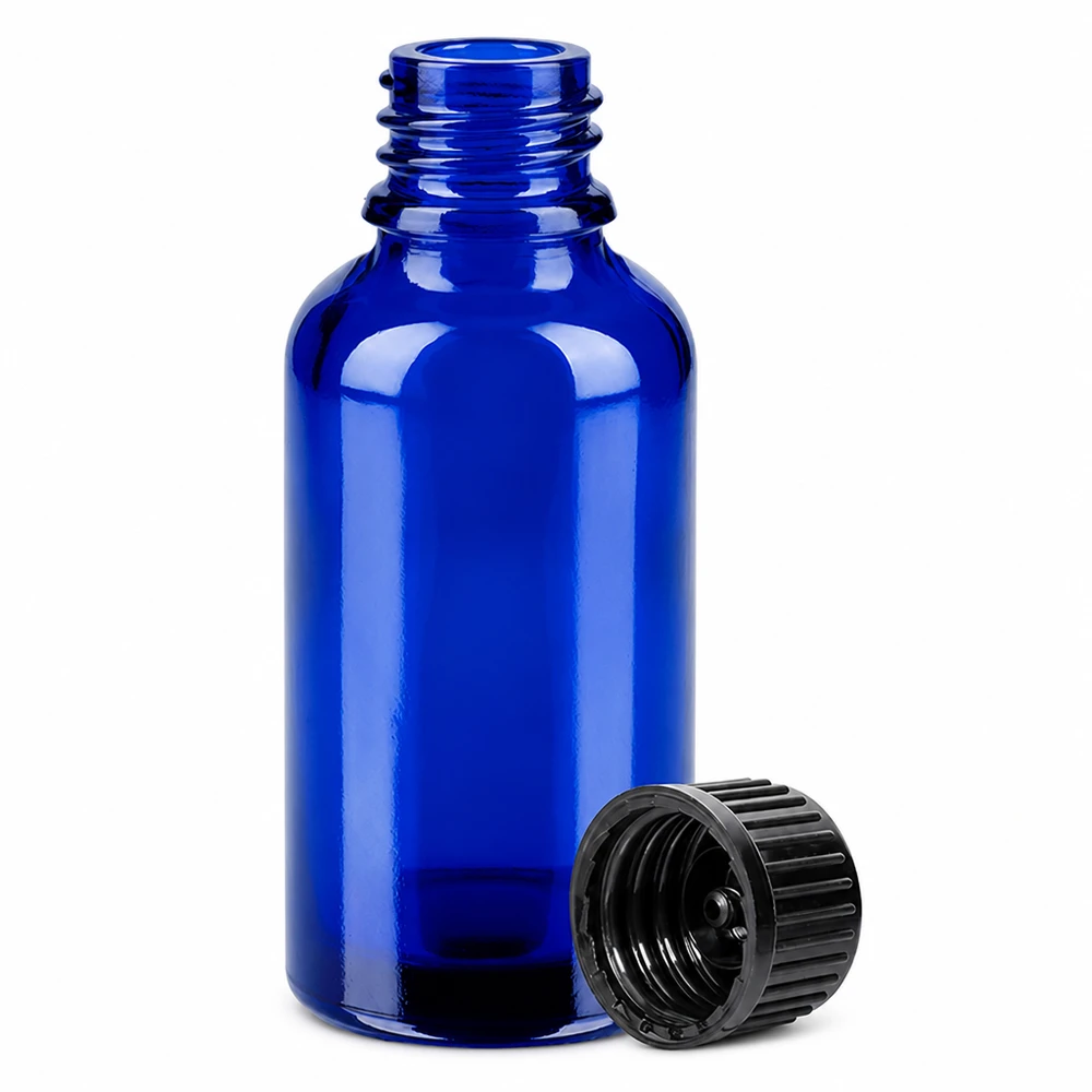 Elegante 30ml Kobaltglasflasche mit ergonomischem schwarzen Verschluss für DIY Kosmetik