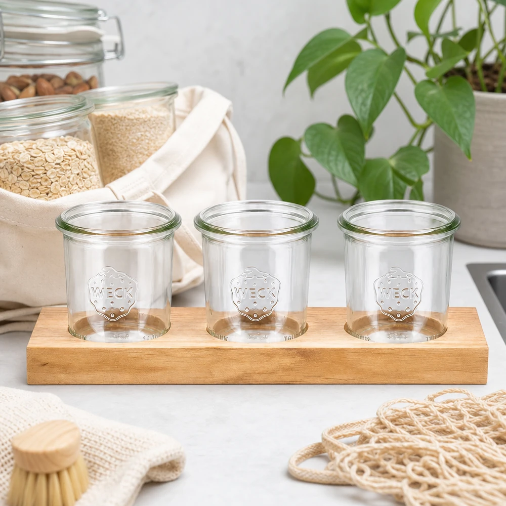 Servírovací prkénko Plano3 se 3 tumblery Weck 140ml Leere WECK Sturzgläser 140ml auf Holzservierbrett Plano3 in nachhaltiger Zero-Waste Küche mit Naturfasern
