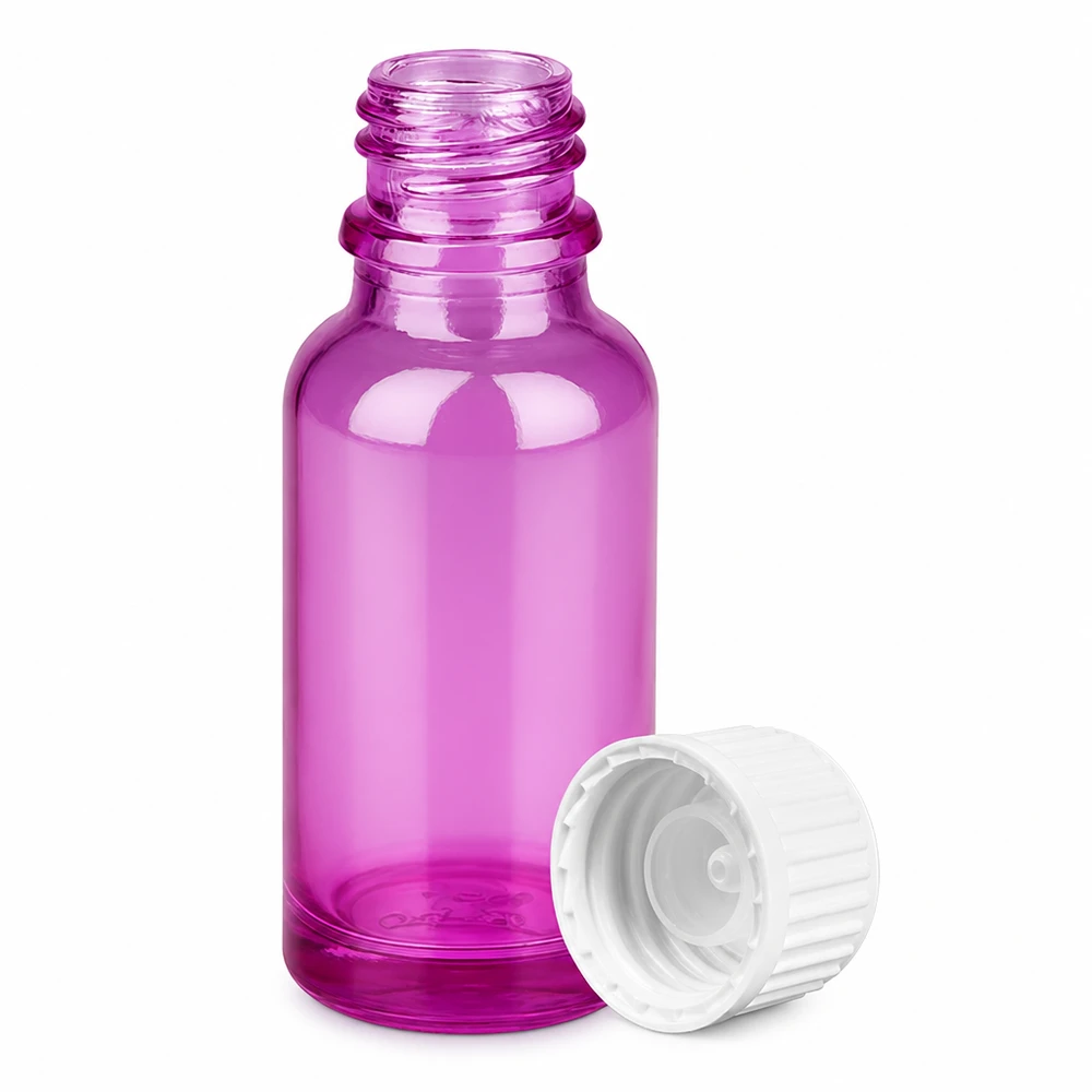 20ml lahvička (globule) 3mm nalévací kroužek bílá standardní PurpleLine.UT18/20 Elegante 20ml Violett-Glasflasche mit Schraubverschluss für Labor und Haushalt