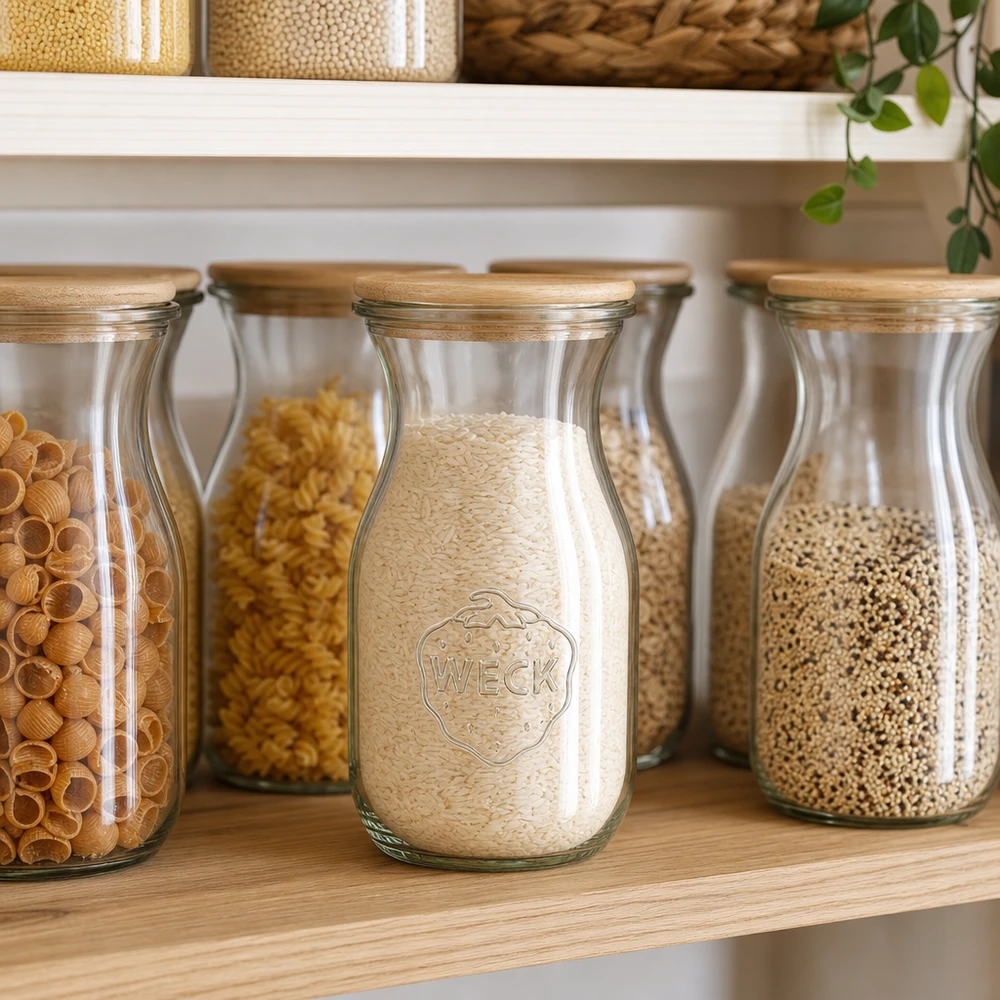 290ml láhev na šťávu Edition RR60 s dřevěným víčkem WECK Saftflasche 290ml mit Holzdeckel als Vorratsjar für Reis in skandinavischer Pantry mit Getreidegläsern