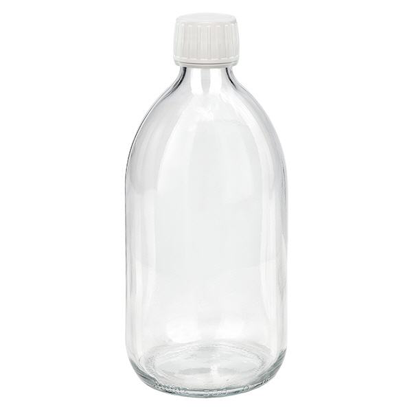 500ml lahvička na léky čirá, bílý uzávěr s tamper-evidentním kroužkem ApoGlas. 500ml lahvička na léky čirá, bílý uzávěr s tamper-evidentním kroužkem ApoGlas.
