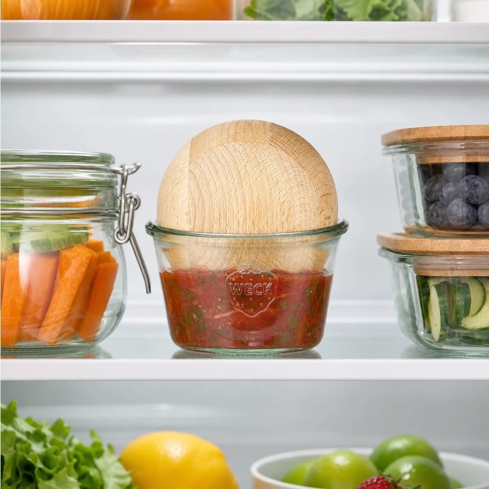 370ml tumblery WECK RR100 s dřevěnou kuličkou z bukového dřeva. WECK Sturzglas 370ml RR100 Kühlschrank Aufbewahrung Salsa Dip Buchenkugel neben Gemüse frische Zutaten