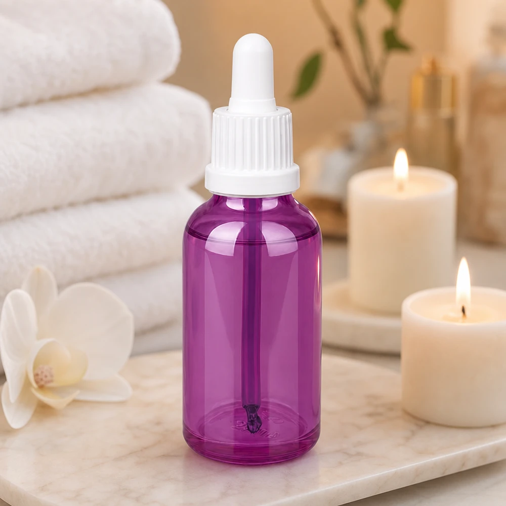30ml lahvička s pipetou bílá originalita šroubovací uzávěr PurpleLine UT18/30 30ml Pipettenflasche in violett mit weißem Gummipipettenverschluss für Spa und Beauty Anwendungen