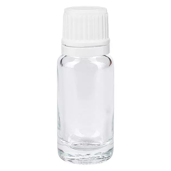 Lékárenská láhev čirá 10ml kapátko 1,2mm bílý uzávěr s ochranou proti manipulaci Lékárenská láhev čirá 10ml kapátko 1,2mm bílý uzávěr s ochranou proti manipulaci