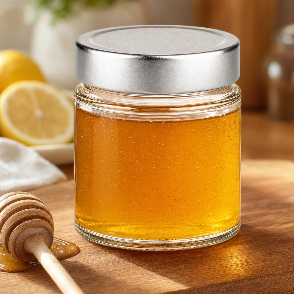 135ml kulatá dóza + víčko BasicSeal stříbrné hluboké UNiTWIST 135ml Rundglas silber Deckel gefüllt mit goldenem Honig Honiglöffel Zitrone Küche natürliche Lebensmittel Glas
