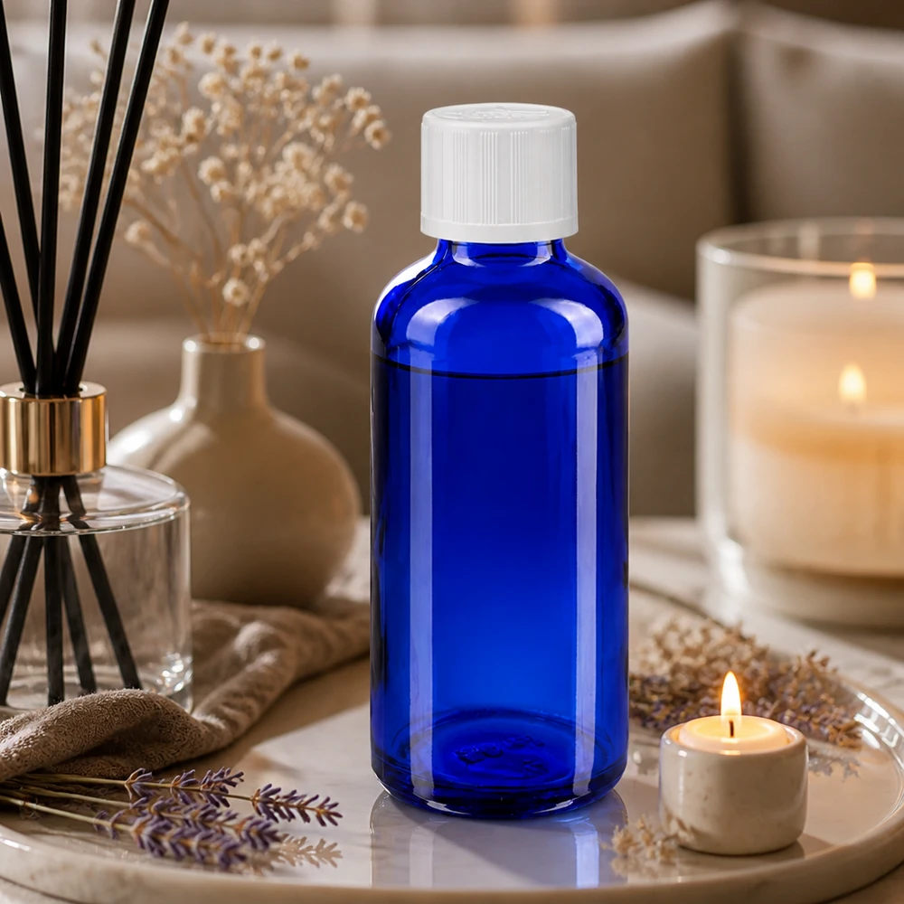 Zylindrische 50ml Blauglasflasche mit Tropfer und kindersicherem Verschluss für Naturkosmetik