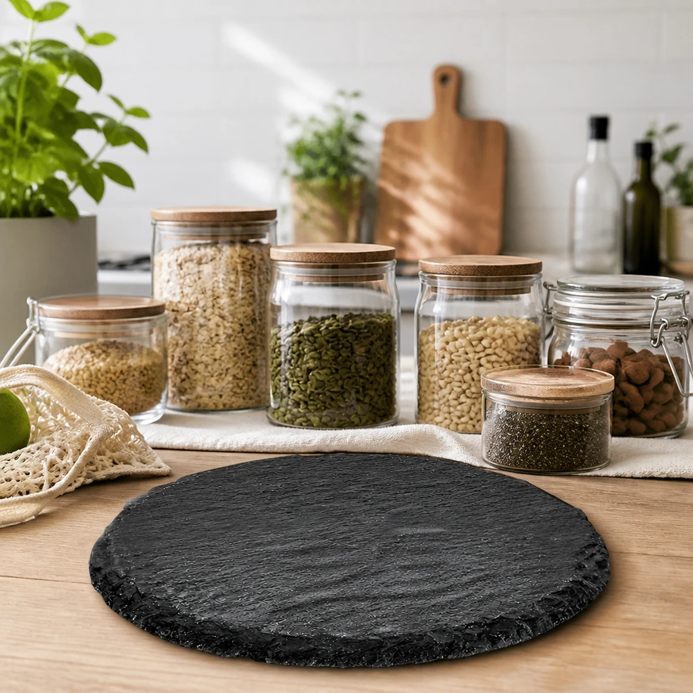 Břidlicový servírovací talíř kulatý Ø150mm Runde Schieferplatte 150mm auf Holztisch in nachhaltiger Zero-Waste-Küche mit Vorratsgl盲sern und Kräutern