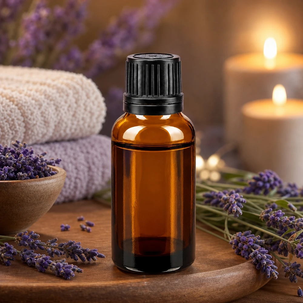 20ml Flakon aus braunem Apothekenglas mit 8mm Ausgabe und schwarzem Originalverschluss