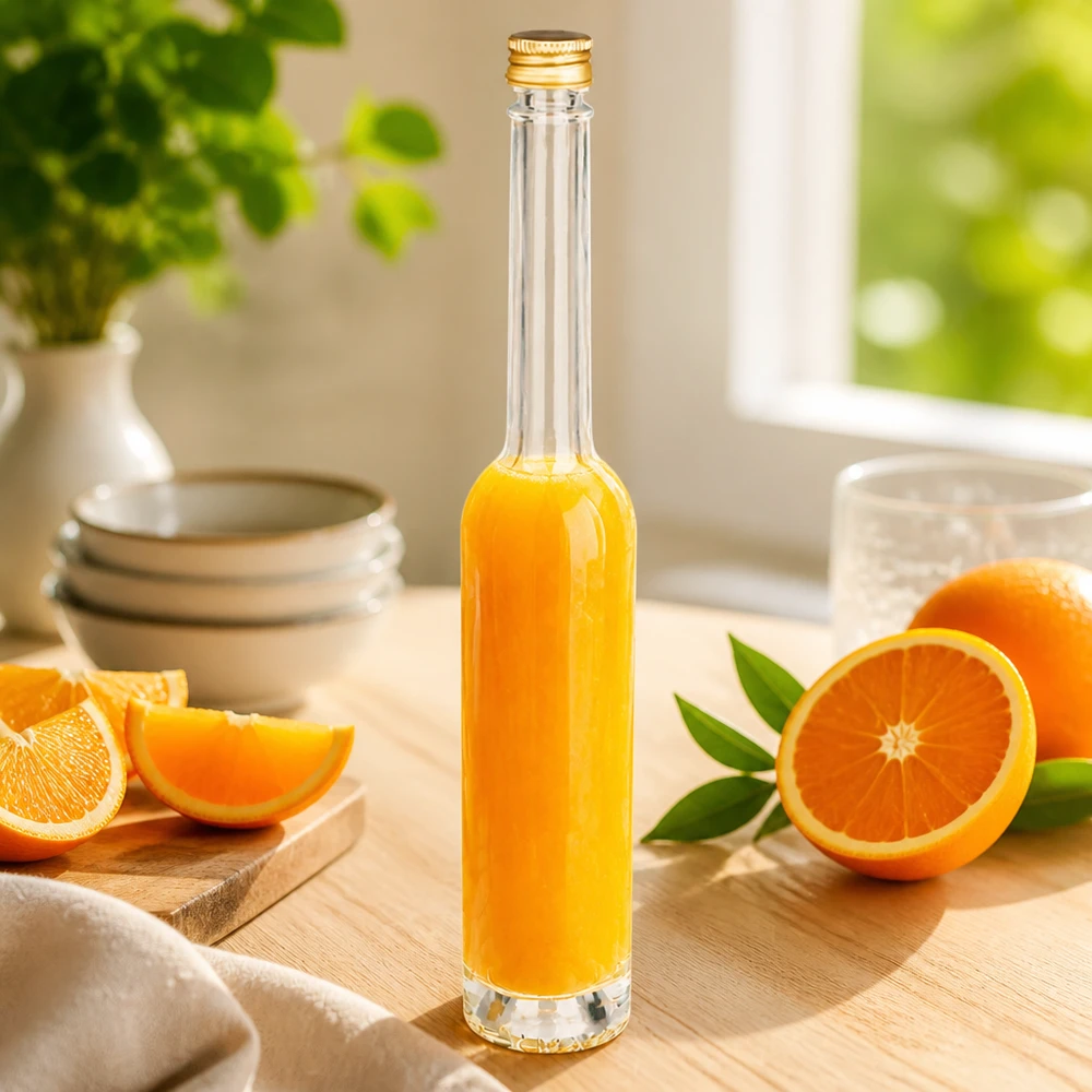 100ml Glasflasche Toni mit Orangensaft befüllt - goldener UNiTWIST Schraubverschluss in Küchen-Szenerie mit frischen Ora