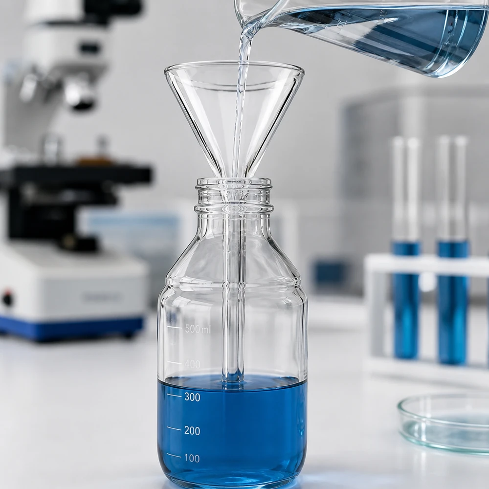 Trychtýř ø30mm sodnovápenatý, úhel 60°, krátký styl Hochpräziser 30mm Trichter aus chemikalienresistentem Kalk-Soda-Glas für analytische Laborarbeiten