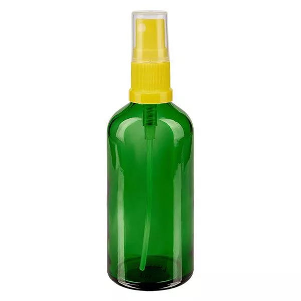 Lékárenská lahvička zelená 100ml s rozprašovacím víčkem žlutá Lékárenská lahvička zelená 100ml s rozprašovacím víčkem žlutá