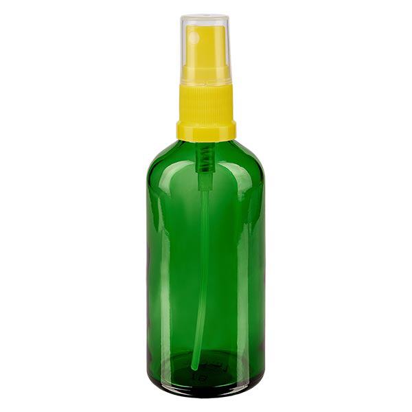 Lékárenská lahvička zelená 100ml s rozprašovacím víčkem žlutá Lékárenská lahvička zelená 100ml s rozprašovacím víčkem žlutá