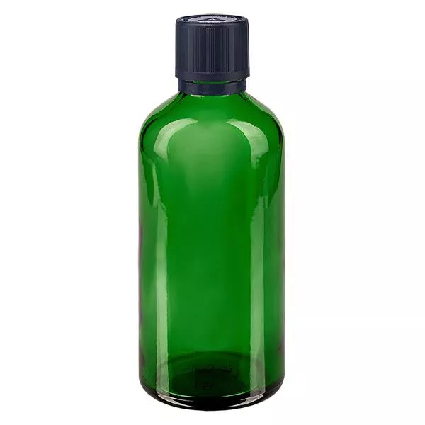 Lékárenská láhev zelená 100ml kapátko uzávěr prémiový 1mm černý uzávěr odolný proti manipulaci dětmi.