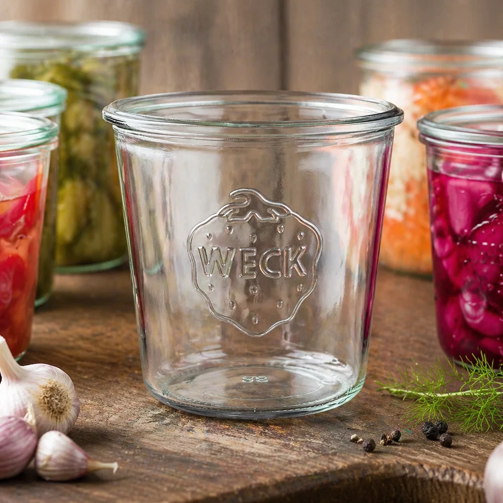 580ml tumbler WECK RR100 s dřevěným dřevem - 580ml tumbler WECK RR100 s dřevěným dřevem. 580ml Sturzglas WECK RR100 leer mit Logo auf Holztisch neben bunten Einmachgläsern mit Gemüse und Knoblauch