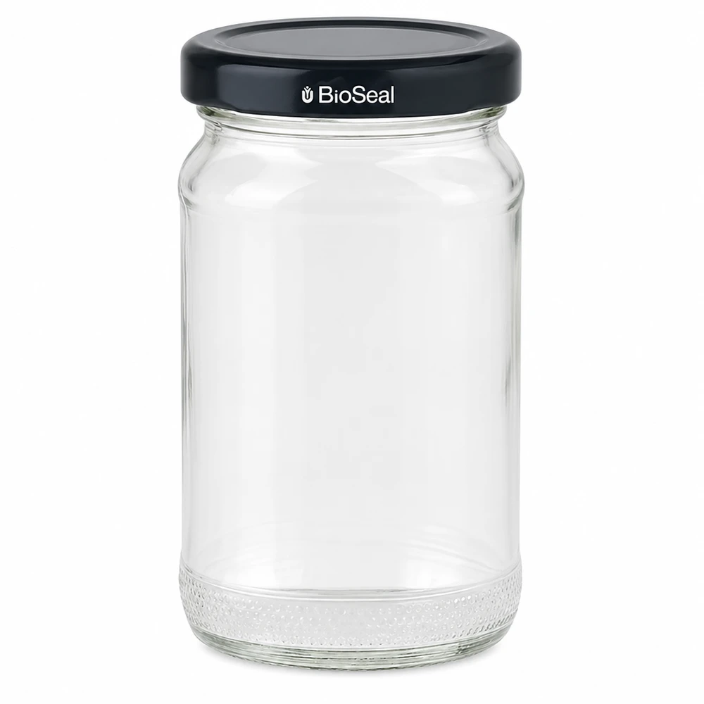 Kulatá sklenice 110 ml + víčko BioSeal černé UNiTWIST. UNiTWIST Runda110 Einmachglas mit schwarzem TO48 BioSeal Deckel - leeres Vorratsglas aus Glas