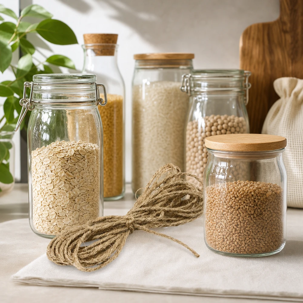 Naturkordel Jute 300cm zwischen Vorratsgläsern mit Getreide und Hülsenfrüchten auf Küchenarbeitsplatte dekoriert