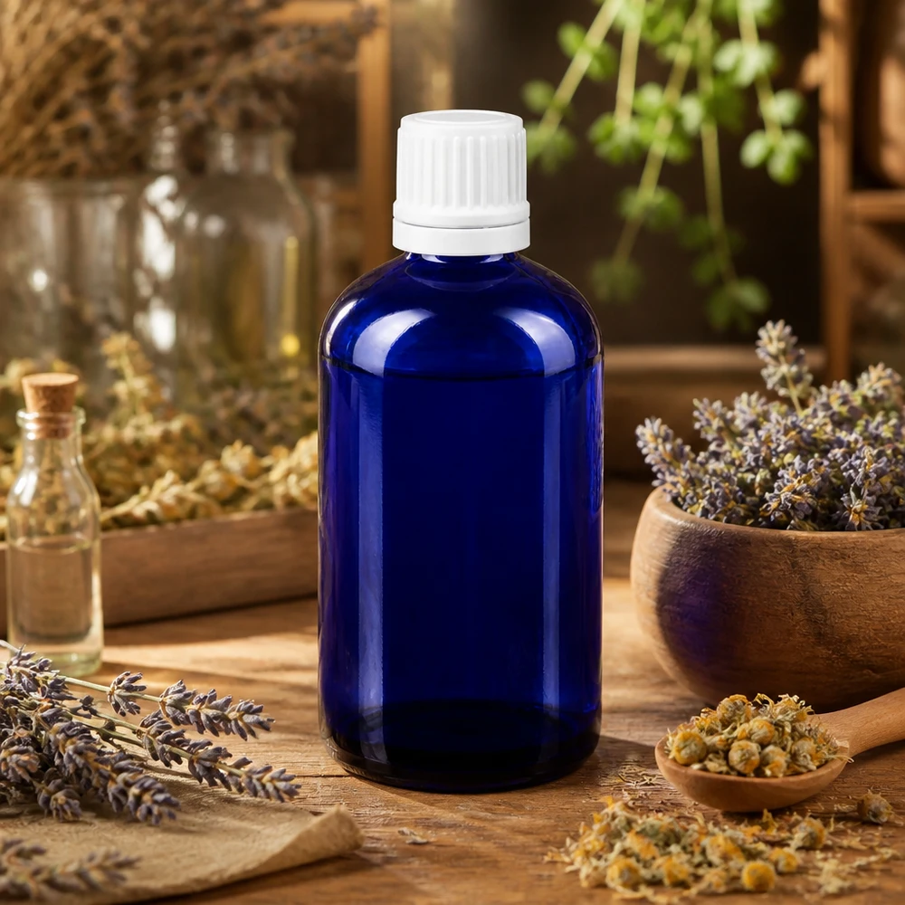 Präzisions-Tropfflasche 100ml in Blauglas mit 0,7mm Einsatz neben Lavendel und Holzmörser