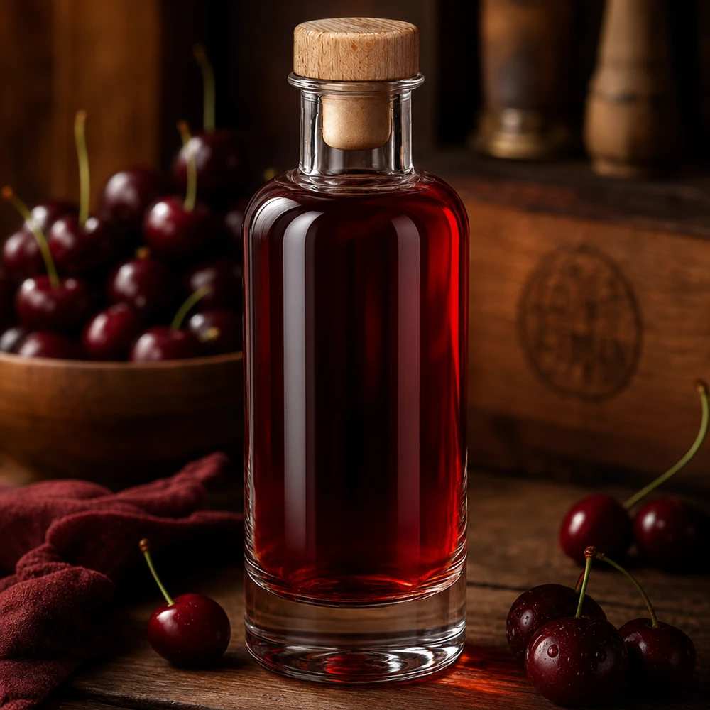 Glasflasche Ella 200ml mit Holzkorken gefüllt mit rotem Kirschlikör zwischen frischen Kirschen auf warmem Holztisch