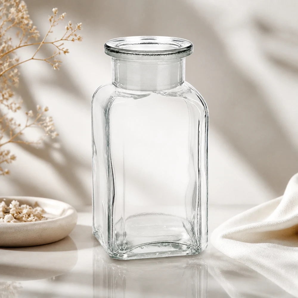Čtvercová láhev 100ml čirá skleněná zátka se širokým hrdlem Klare 100ml Vierkantflasche mit Glasverschluss luftiger Hintergrund mit getrockneten Wiesenblumen