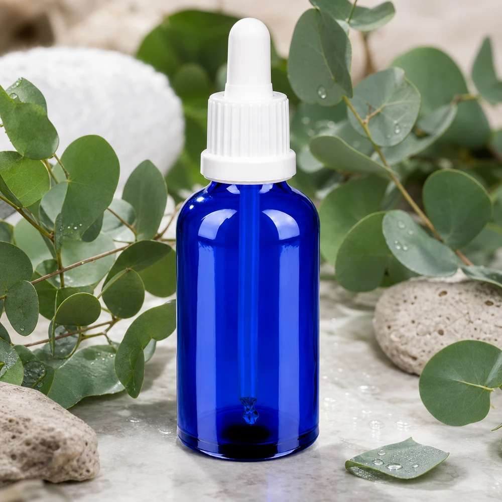 50ml pipetovací láhev bílá s uzávěrem proti neoprávněné manipulaci BlueLine UT18/50 UV-schützende blaue 50ml Glasflasche OV BlueLine UT18/50 mit präzisem Pipettensystem