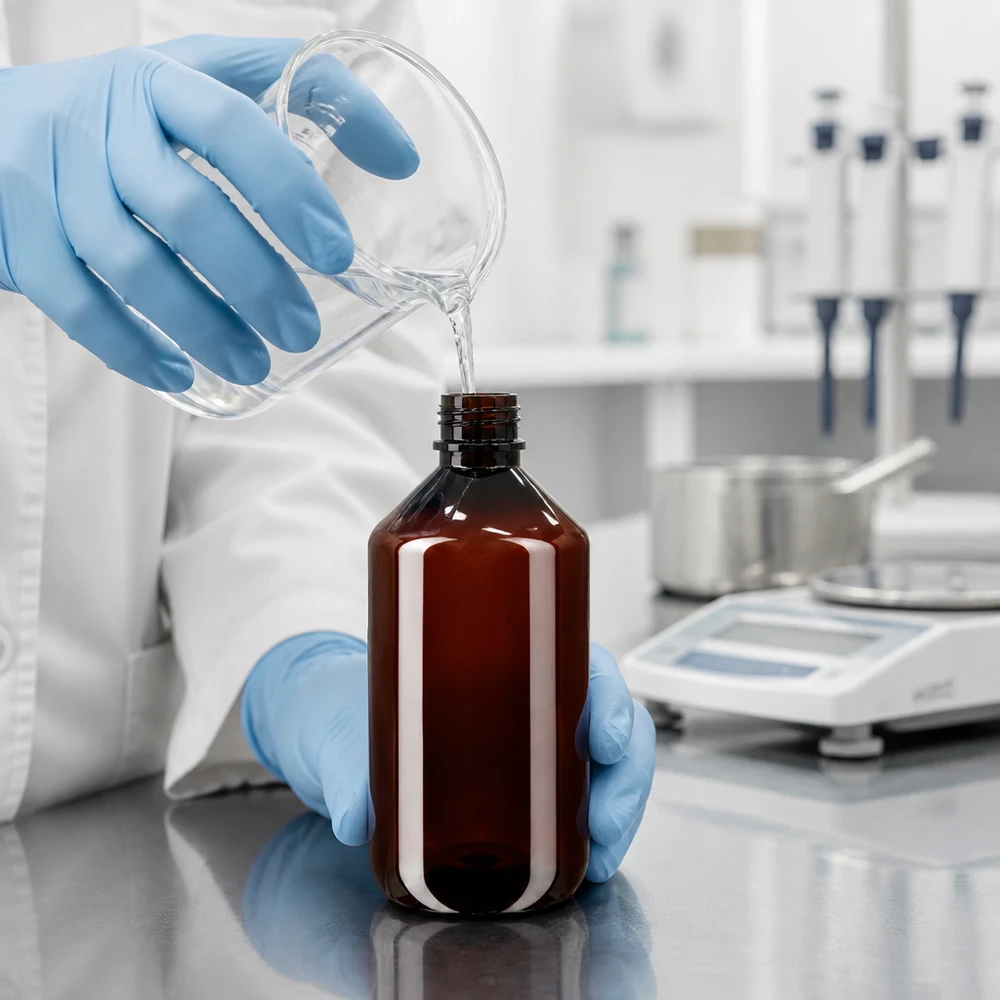 PET láhev 500ml se zeleným uzávěrem, který je zřetelný při manipulaci s lahví. Vědec v laboratoři pomocí přesné váhy naplňuje hnědou PET láhev o objemu 500 ml s originálním uzávěrem