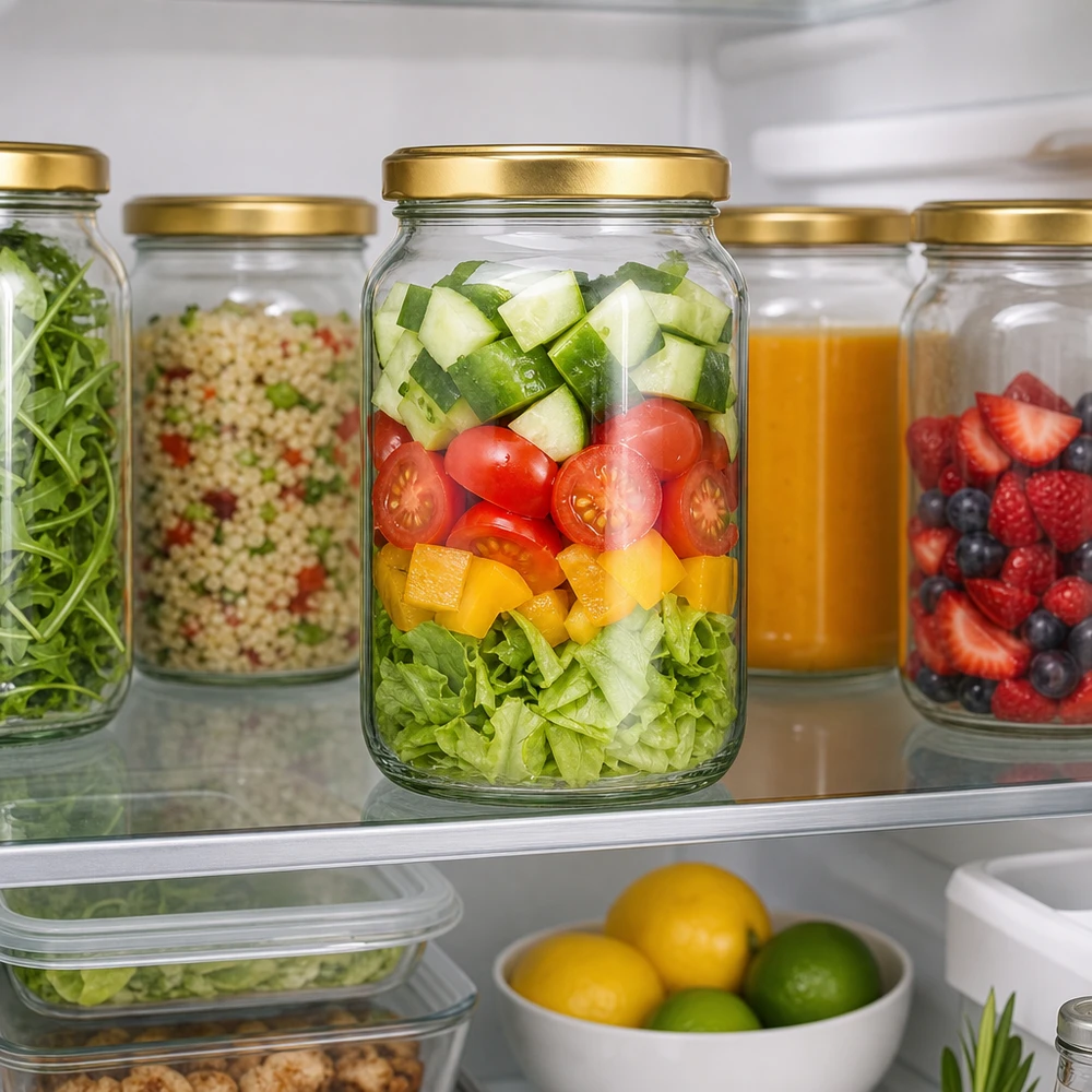 1700ml Rundglas mit goldenem BasicSeal Deckel im Kühlschrank zeigt Meal Prep mit Salat und gesunder Vorratshaltung