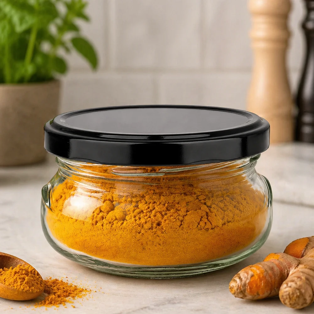 120ml zavařovací sklenice + víčko BasicSeal černé UNiTWIST 120ml Terrinenglas gefüllt mit gelbem Kurkumapulver, schwarzer Deckel, Küchenambiente mit frischen Kurkumawurzeln