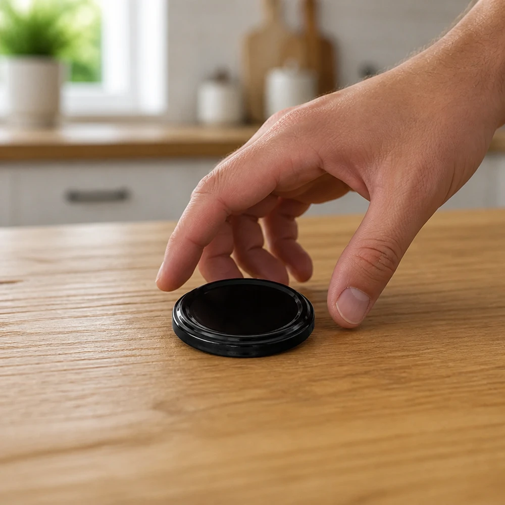 48mm víko BioSeal černé (TO48) UNiTWIST UNiTWIST TO48 černé víčko BioSeal BPA-NI s odšroubovacím uzávěrem, 48 mm, leží na dřevěném stole a někdo po něm sahá