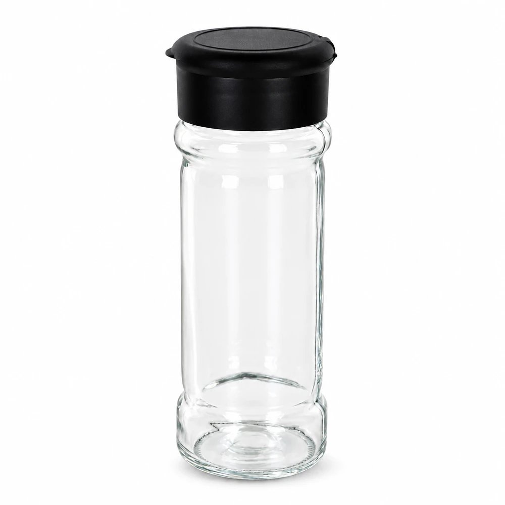 Dóza na sůl/koření 100ml s mlýnkem Vario černá Stapelbares Küchengewürzglas 100ml aus transparentem Glas mit schwarzem Deckelstreuer