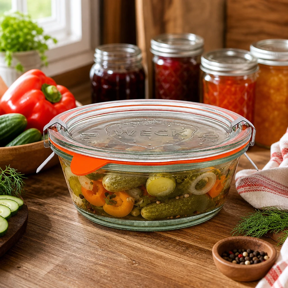 WECK 300ml Gourmetglas RR120 in Küche mit eingelegtem Gemüse, Einmachgläser im Hintergrund, Küchenatmosphäre