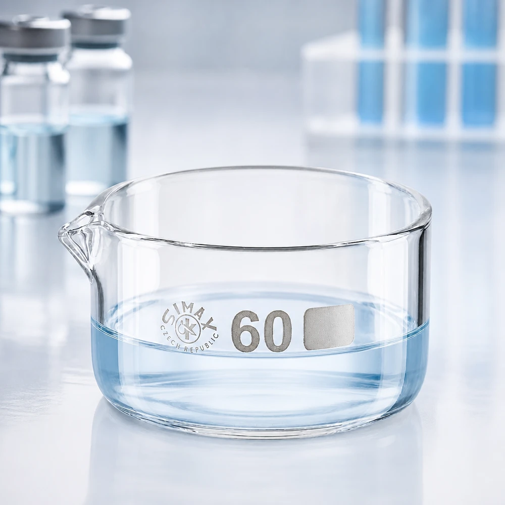 60ml krystalizační miska s borosilikátovou výlevkou ø60mm Simax Kristallisierschale 60ml Glas flach zylindrisch Ausguss Bodenring Laborglas Eindampfung