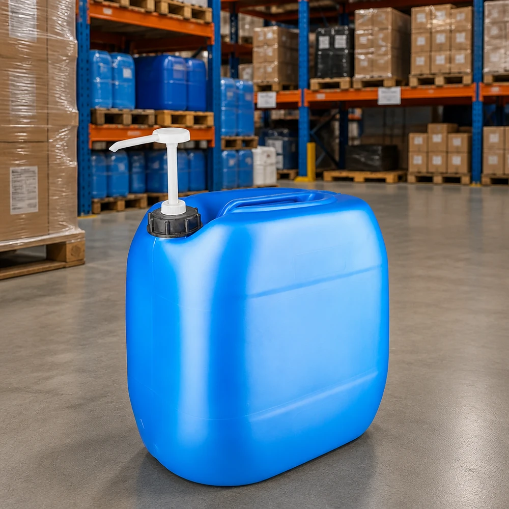 Kanystr 30 litrů modrý s dávkovacím čerpadlem Flacher rechteckiger Kanister 30 Liter Blau mit Pumpverschluss im Lagerhaus