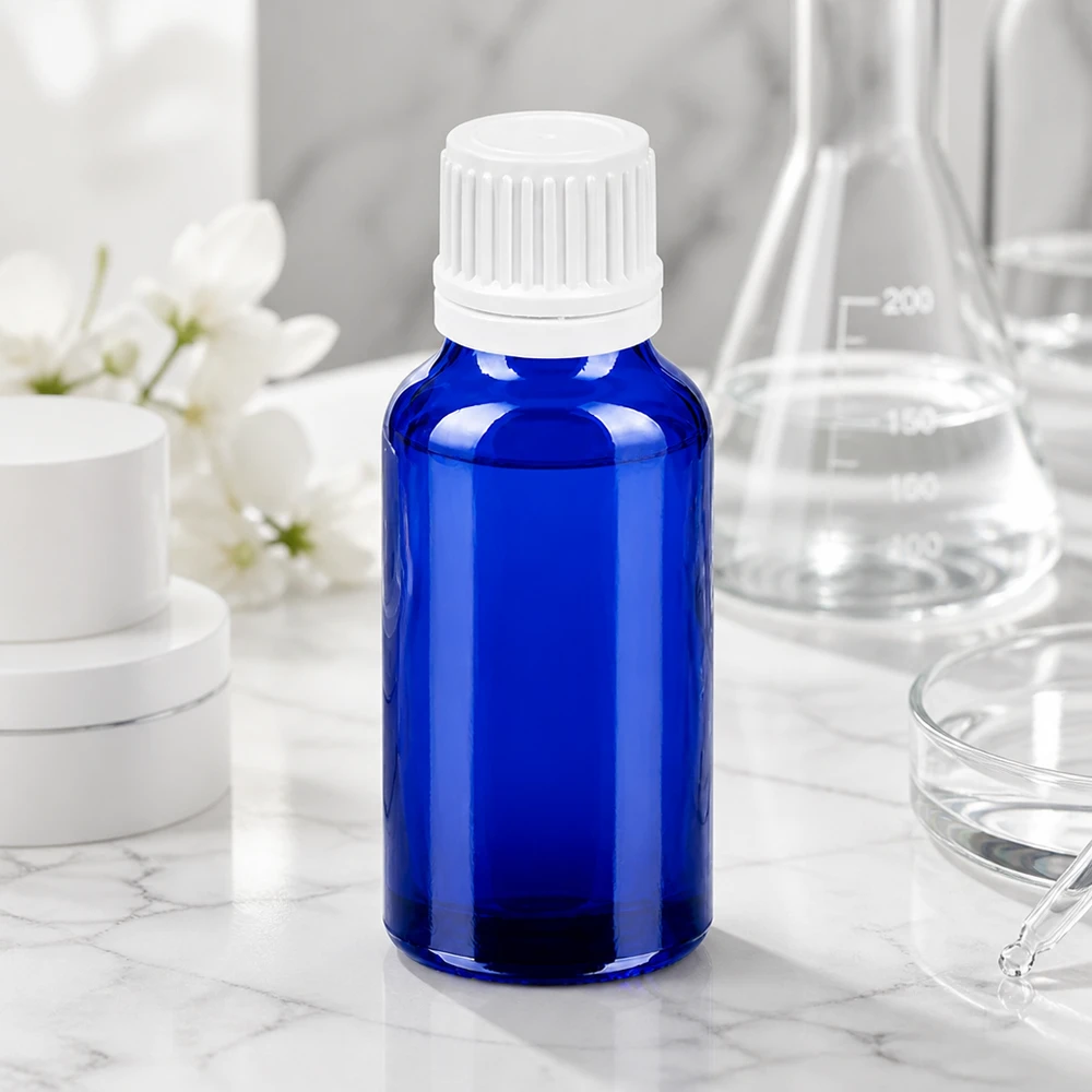 20ml láhev 11mm šroubovací uzávěr bílý s bezpečnostním uzávěrem BlueLine UT18/20 Pharma-Standard 20ml Flasche mit 11mm Öffnung für sterile Lösungen und Tinkturen
