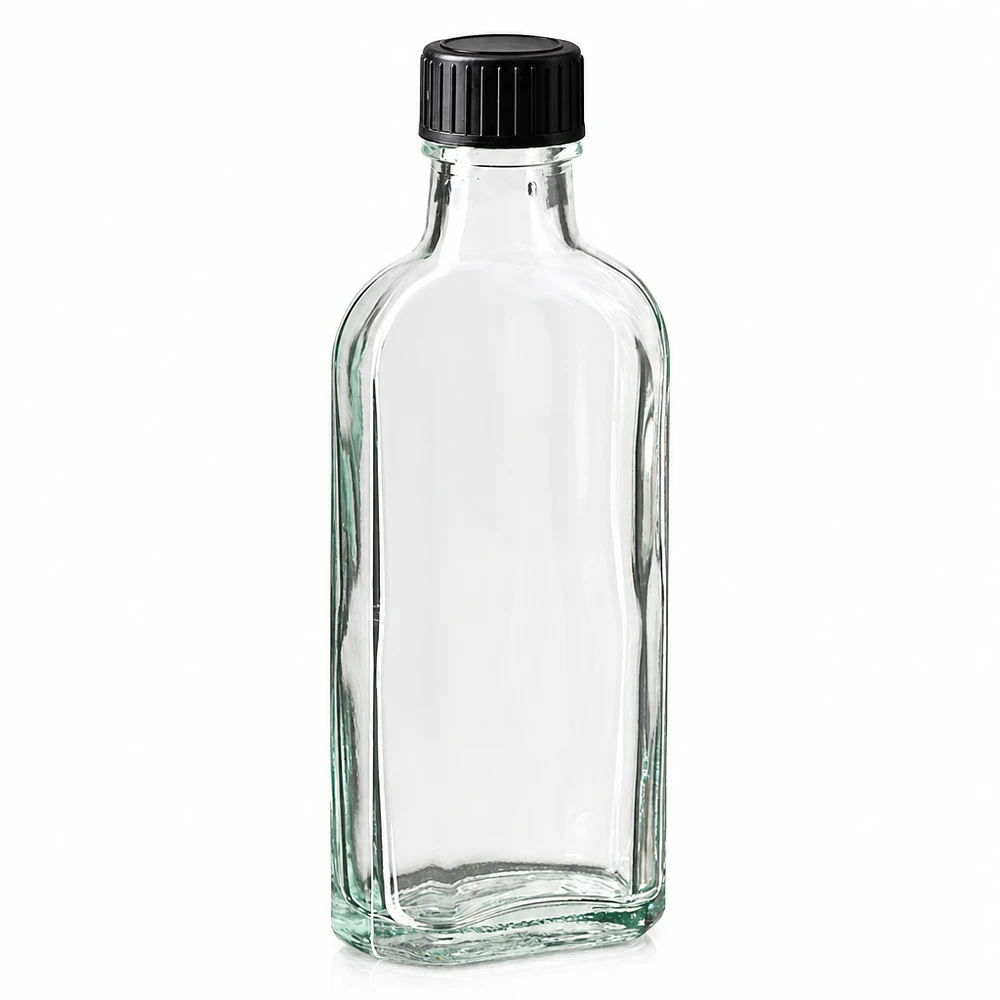 100ml Glasflasche Meplat Form klar für Liquide mit auslaufsicherem EPE-Verschluss
