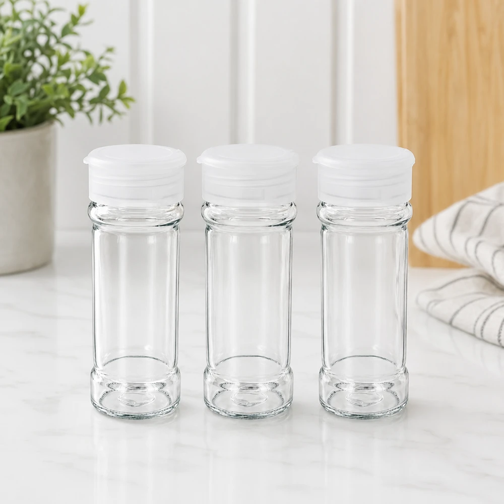 Dóza na sůl/koření 100ml s šejkrem bílá Stapelbare Gewürzgläser 100ml aus Borosilikatglas mit weißem Schüttelverschluss