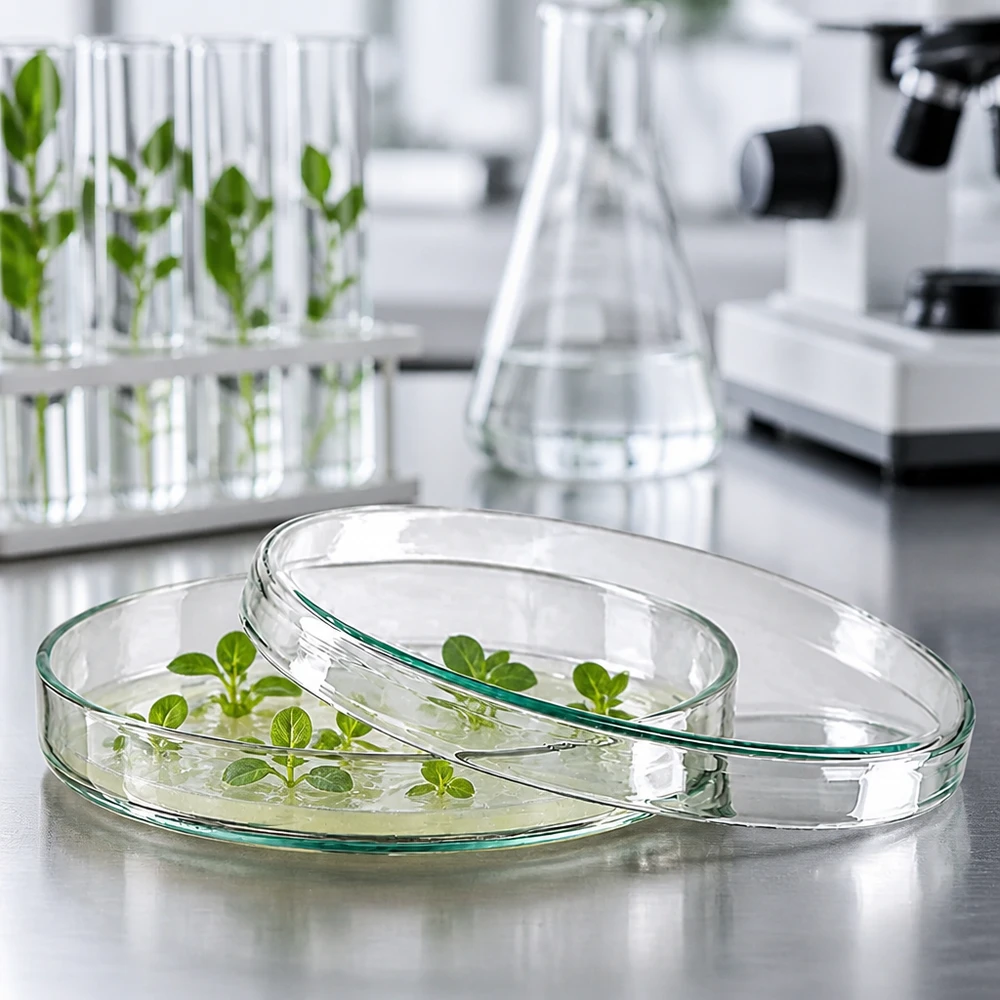 Zwei Glaspetrischalen 100x15mm mit Arabidopsis-Setzlingen auf gelbem Kulturmedium