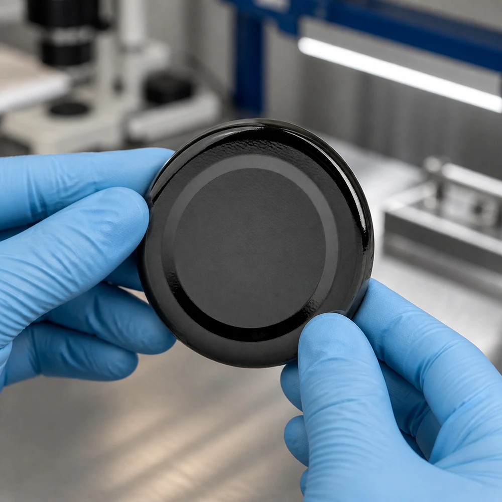 48mm víko BasicSeal černé (TO48) UNiTWIST Laboratorní kontrola černého šroubovacího uzávěru BasicSeal TO48 o průměru 48 mm s použitím modrých ochranných rukavic