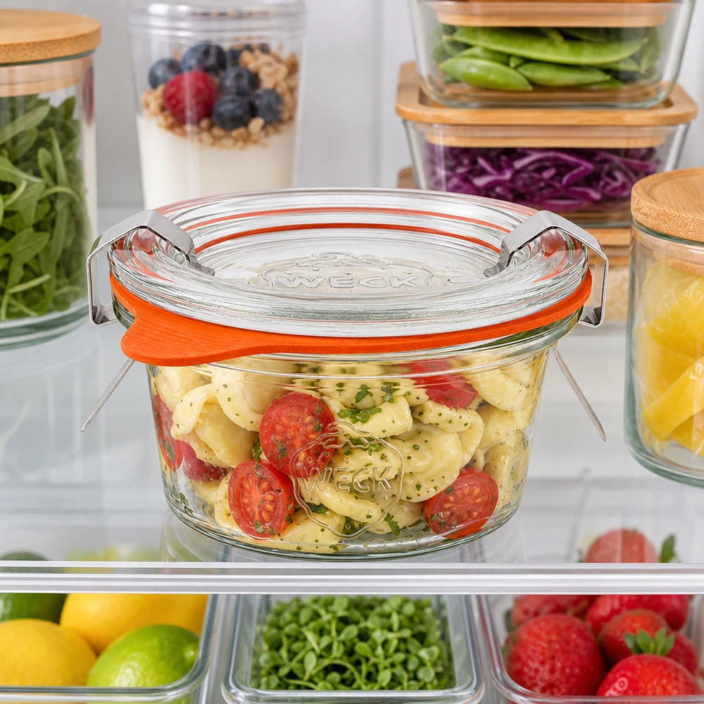 WECK 50ml Sturzglas RR60 im Kühlschrank mit Pasta-Salat gefüllt zwischen anderen Lebensmittelbehältern zur Aufbewahrung