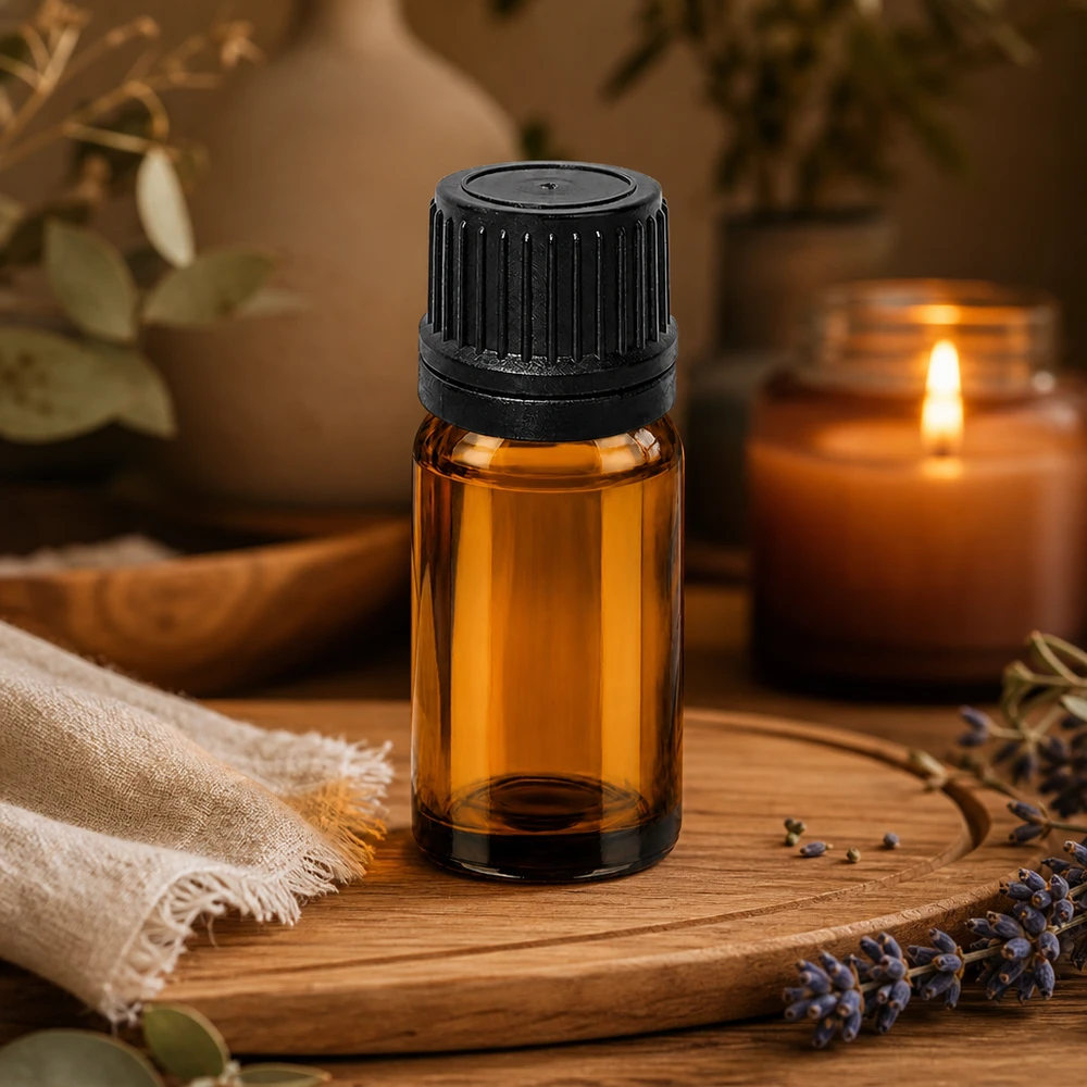 10ml lahvička s kapátkem 1mm černá tamper-evidentní uzávěr BrownLine UT18/10 10ml Apothekerflasche in Bernsteinoptik mit schwarzem OV-Verschluss für Naturkosmetik