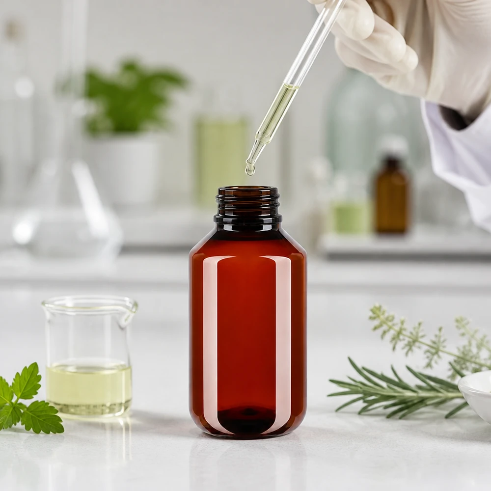 PET láhev 100ml s bílým standardním uzávěrem s pojistkou proti manipulaci Jantarová PET láhev o objemu 100 ml s bílým vnějším obalem v laboratorním prostředí s pipetou a bylinami