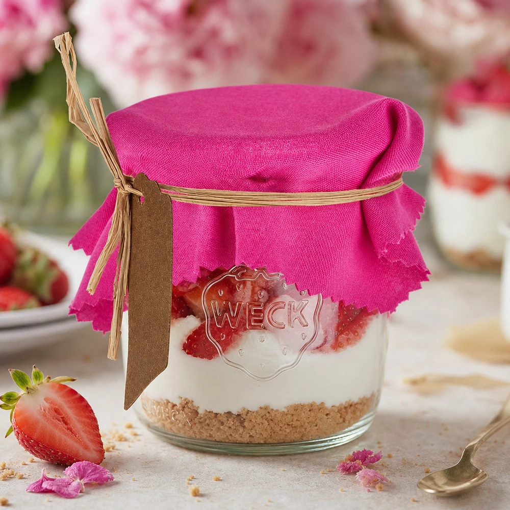 Pinkes Stoff Schmuckdeckchen 12cm eckig DIY Dekoration für Einmachglas mit Erdbeerdessert und Bastelanleitung