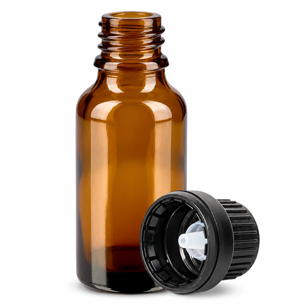 20ml lahvička s kapátkem 2mm černá tamper-evidentní uzávěr BrownLine UT18/20 Professionelle 20ml Tropfflasche aus braunem Glas mit kindersicherem Verschluss