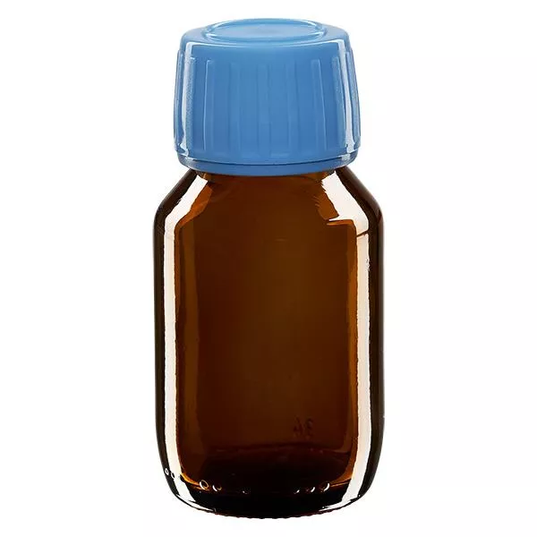 50ml lahvička na léky hnědá, modrý uzávěr s tamper-evidentním kroužkem ApoGlas 50ml lahvička na léky hnědá, modrý uzávěr s tamper-evidentním kroužkem ApoGlas