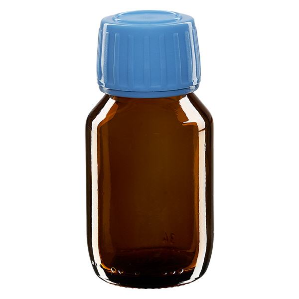 50ml lahvička na léky hnědá, modrý uzávěr s tamper-evidentním kroužkem ApoGlas 50ml lahvička na léky hnědá, modrý uzávěr s tamper-evidentním kroužkem ApoGlas